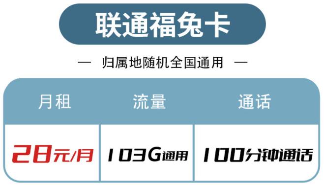 5G新通信心享功能包包括什么？联通福兔卡月租28元可享103G通用+100分钟免费通话+送联通云盘