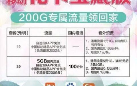 移动花卡宝藏版19元免流app大全，看视频、听音乐、玩游戏都免流